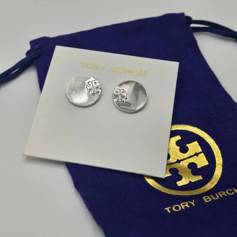 NEW Tory Burch Serif Stripe Disc Stud Earrings Silver Double T Logo - Picture 4 of 5